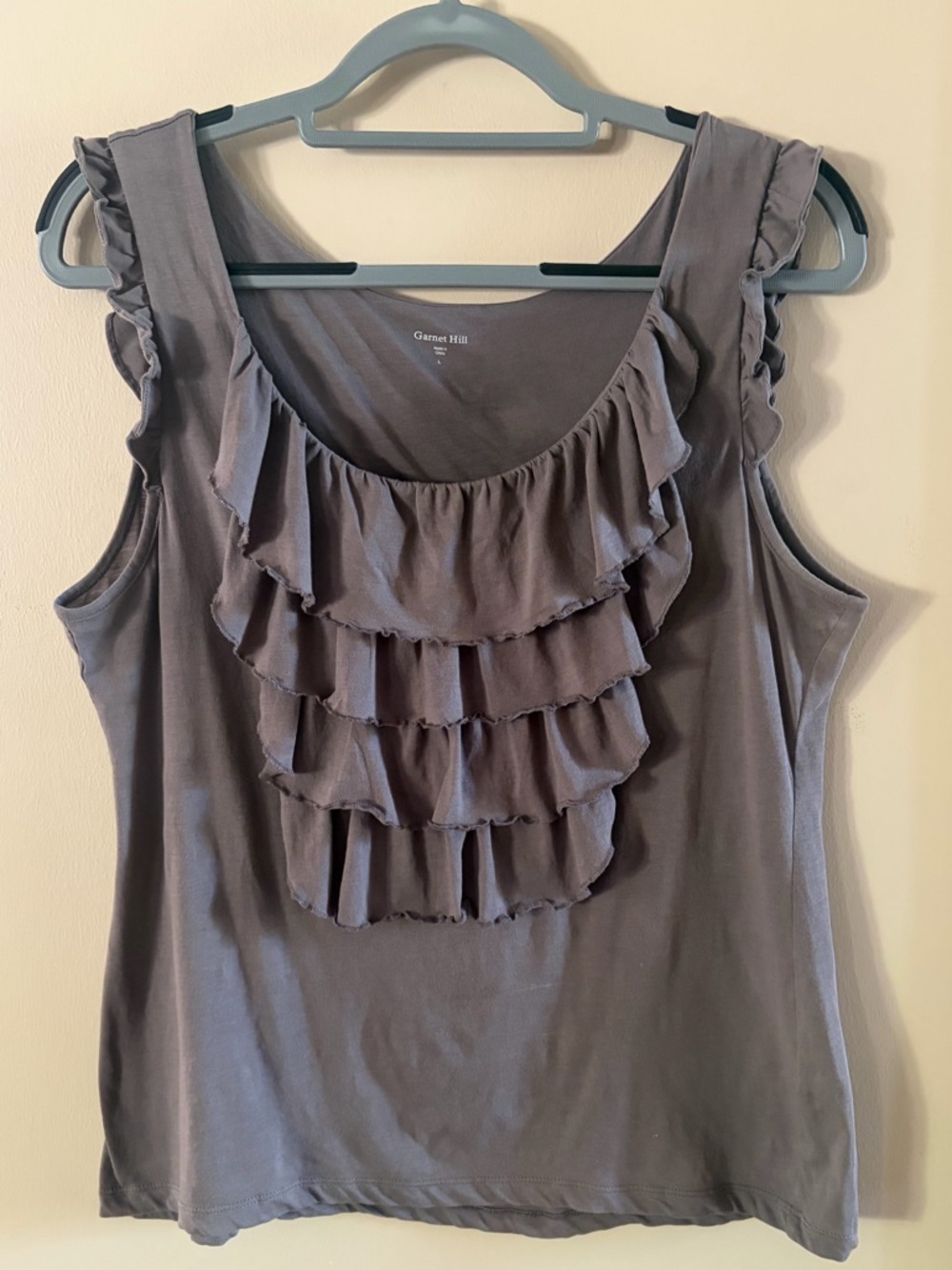 Garnet Hill Gray Front Ruffle Tiered Women's Top, Size Large, 25" Long,